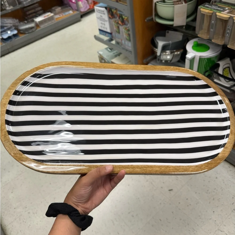 Black and White Striped Oval Tray